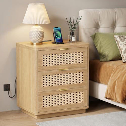Kalrin Rattan Nightstand with Charging Station, 3 Drawers, Light Oak | 3 Drawers End Table with Storage, Wood Bedside Tables, Boho Larger Night Stand for Bedroom Office - color: Light Oak