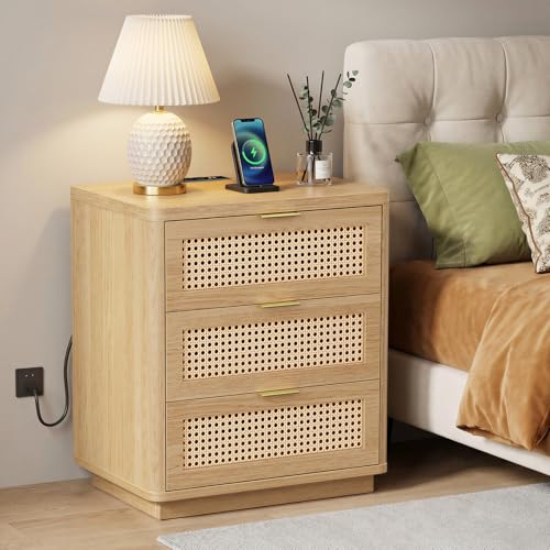 Kalrin Rattan Nightstand with Charging Station, 3 Drawers, Light Oak | 3 Drawers End Table with Storage, Wood Bedside Tables, Boho Larger Night Stand for Bedroom Office - color: Light Oak