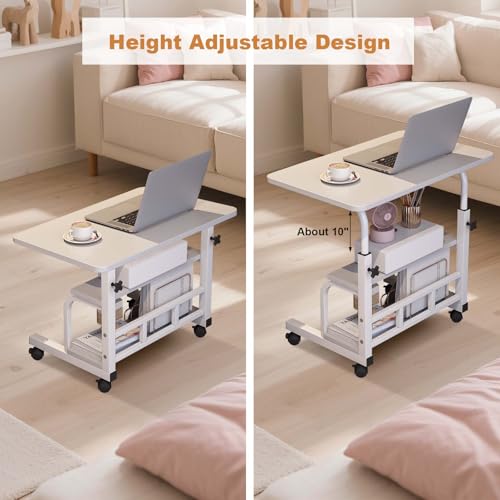 Adjustable Height Mobile Standing Desk with Wheels – Portable Rolling Computer Table – Storage Shelves – Home Office & Small Spaces - color: White 80 X 40cm
