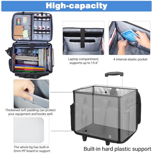 Rolling Teacher Bag Built-in Hard Support Board, Rolling Briefcase with Detachable Trolley, Rolling bag with Laptop compartment, Adjustable Shoulder Strap, and Ample Storage Space - color: Black
