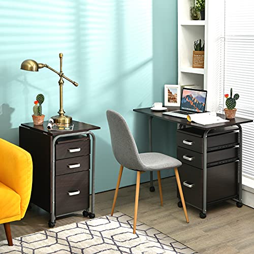Tangkula Folding Computer Desk with 3 Drawers, Mobile Home Office Desk, Portable Laptop Desk Writing Table, Space Saving Compact Desk for Small Spaces, Dorm, Apartment - color: Brown