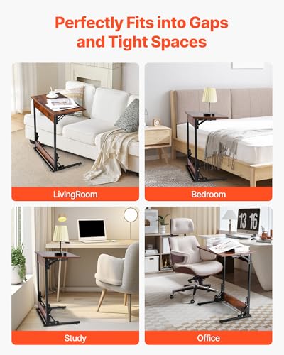 VEVOR C Table, Folding C Shaped End Table with Metal Frame & Adjustable Feet, Foldable C Shaped Side Table for Living Room Bedroom Office, 23.62 x 14.57 x 27.56 inch TV Tray, Brown and Black - style: Folding