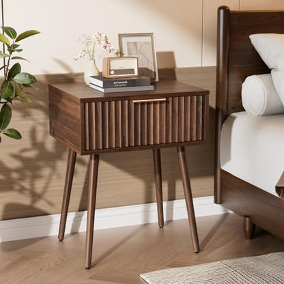 VINGLI Fluted Nightstand with Drawer, 19" W Mid Century Modern Nightstand for Bedroom, Bedside Table, End Tables Bedroom, Wood Night Stand, Walnut, 18.9" W*14.96" D*24" H - color: Walnut, size: 19"W-1 Drawer