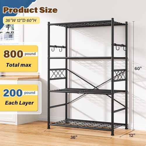 DurayLoly Storage Shelves 4-Tier Large Capacity Metal Shelving with Hooks, Heavy Duty Garage Shelving Unit with Leveling Feet, Stable Metal Shelves for Pantry, Kitchen and Closet,36" W x 12" D x 60" H - size: 36" W x 12" D x 60" H (4T)