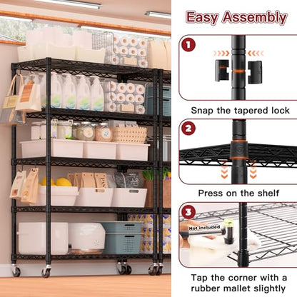 PrimeZone 74''H Wire Shelving 1250lbs 5 Tier Storage Shelves with Wheels NSF Certified Heavy Duty Steel Metal Shelf Adjustable Rolling Rack Kitchen Garage Closet Pantry Laundry 74''HX36''WX14''D 2PCS - size: 36" W x 14" D x 74" H