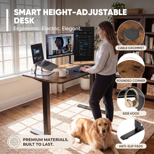 Furmax 48 Inches Electric Height Adjustable Standing Desk Home Office Desk | Large Sit Stand Up Computer Desk Memory Preset with T-Shaped Metal Bracket, Brown - color: Brown, size: 48 Inch
