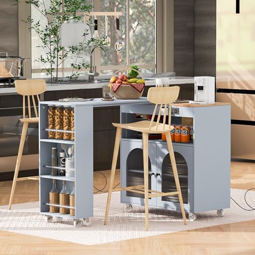Rolling Kitchen Island with Extendable Swivel Table and Power Outlet, Kitchen Island on Wheels with Storage Cabinet, Fluted Glass Doors and Open Shelves for Small Spaces, Grey-Blue - color: Grey-blue