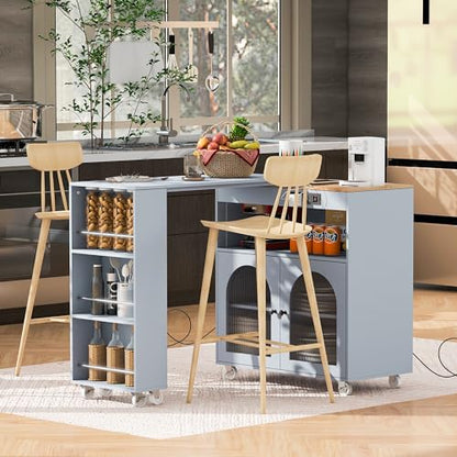 Rolling Kitchen Island with Extendable Swivel Table and Power Outlet, Kitchen Island on Wheels with Storage Cabinet, Fluted Glass Doors and Open Shelves for Small Spaces, Grey-Blue - color: Grey-blue