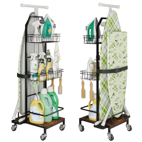 Ironing Board Holder Cart for Small & Narrow Laundry Rooms, Freestanding Iron & Ironing Board Storage Rack for T & X Boards with 3-Tier Shelves, Rolling Metal Wheels, Hooks, No Wall Mount