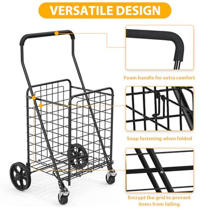 Kiffler Grocery Shopping Cart with 360° Rolling Swivel Wheels, 100LBS Utility Cart Easily Collapsible Cart Extended Foam Cover, Trolley for Laundry,Groceries,Travel Black (Medium) - size: Medium