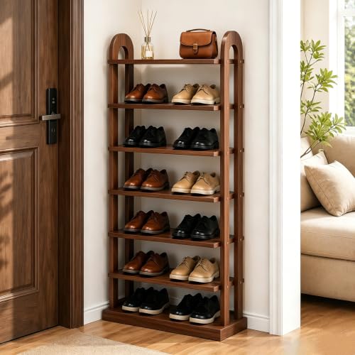 43.7" Wooden Shoe Rack - Vertical Shoe Organizer Rack for Small Space, Narrow Shoe Tower for Closet, Entryway, Corner, Tall Shoe Shelf with Removable Shelves, Flexible Storage Shelf for Saving Space - color: Walnut Color-wood
