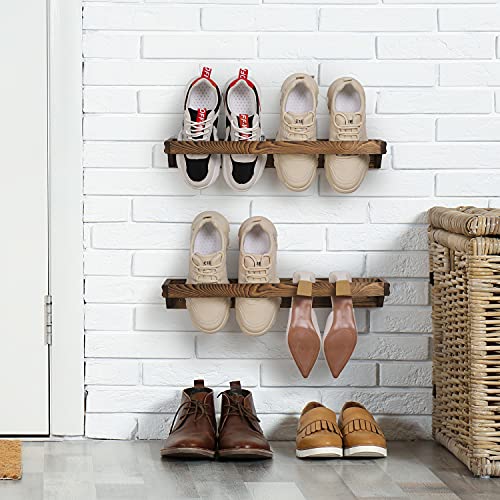 MyGift Set of 2 Solid Wooden Wall Mounted Shoe Rack Storage Organizer with Rustic Burnt Wood Finish, Hanging Footwear Holder for Closet, Mudroom, Entryway, Holds 4 Pairs - color: Rustic Burnt Brown