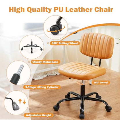 Sweetcrispy Small Office Desk Chair, Armless PU Leather with Comfy Lumbar Support, Height Adjustable Rolling Swivel Task for No Arms, for Adult, Student, Bedroom, Home, Vanity, Brown - color: Leather Brown