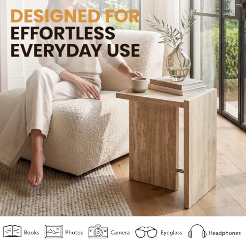Modern End Table with Faux Travertine Finish Top, Natural Beige Wood Side Table, Space-Saving Sofa Table, Small Accent Nightstand Table for Living Room, Bedroom, Small Apartment Space - color: Beige