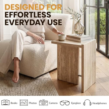 Modern End Table with Faux Travertine Finish Top, Natural Beige Wood Side Table, Space-Saving Sofa Table, Small Accent Nightstand Table for Living Room, Bedroom, Small Apartment Space - color: Beige