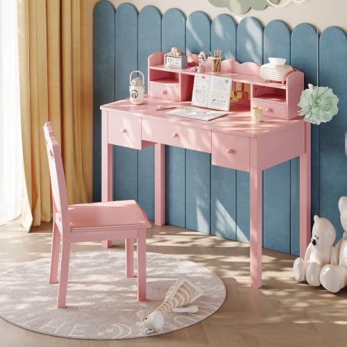 FUNKOCO Pink Writing Desk with Hutch & 5 Drawers - 40 Inch Modern Computer Workstation for Home Office, Teen Desk, Small Study Desk, Ideal for Gift - color: 4-large Pink