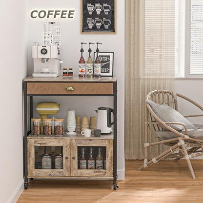 X-cosrack Large Coffee Bar Cabinet，3 Tiers Kitchen Coffee Cart with Drawer for The Home, Movable Farmhouse Station Table on Wheels for Living Room, Entryway, Dining Room, Kitchen