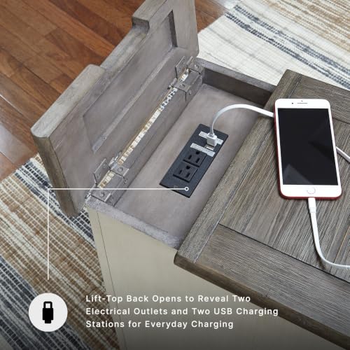 Signature Design by Ashley Bolanburg Farmhouse Chair Side End Table, 2 USB Ports, Pull-out Tray, Wood, 14" W x 24.25" D x 23" H, Antique Cream & Brown - color: Whitewash