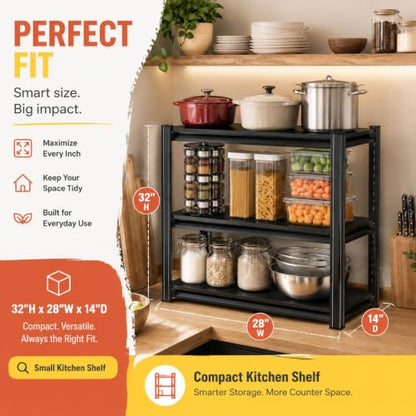 32"H x28"W Bakers Rack, 3-Tier Adjustable Kitchen Storage Rack, Highly Stable Metal Microwave Stand with Storage, 400lbs Per Tier Corner Display Shelf, Suitable for Kitchen Pantry Dinning Room, Black - size: 3T-32"H*28"W*14"D