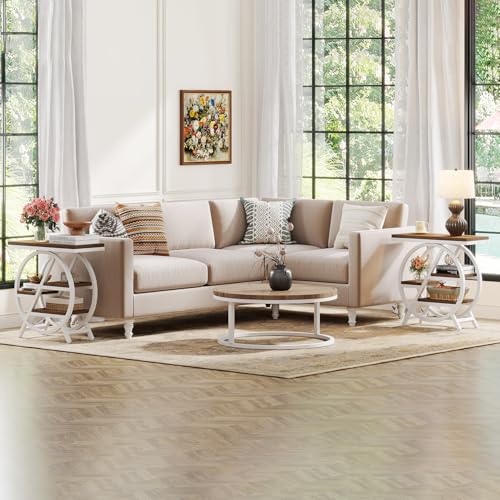 Tribesigns End Table Set of 2, 3-Tier Modern Narrow Side Table with Storage, Wood Sofa Side Table with Geometric Metal Frame, Nightstand and Bedside Table for Bedroom (Light Brown+White) - color: Light Brown&white