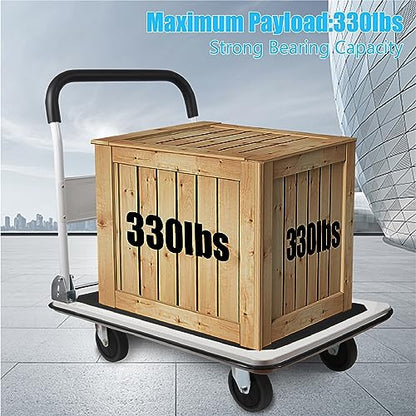 LEADALLWAY Foldable Push Cart Platform Cart 330lbs Capacity with 2 Ropes | 4 Wheels, 28.7"x18.5"x32.3", Small Flatbed Cart, Protable, White - color: White