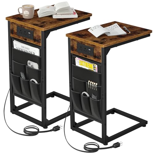 AMHANCIBLE C Shaped End Table with Charging Station, Couch Side Tables that Slide Under Sofa with Storage Bag, Slim TV Tray with USB Ports for Living Room, Bedroom, Rustic Brown HET04CBR - color: Rustic Brown
