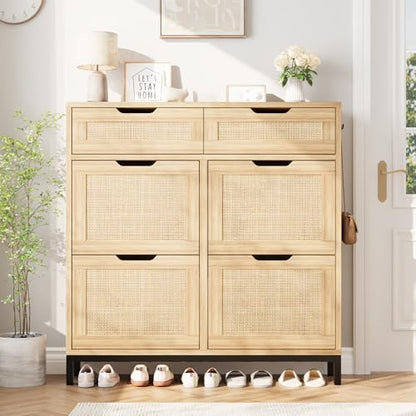 Jocoevol Rattan Shoe Cabinet for Entryway, Boho Shoe Storage Cabinet with 4 Flip Drawers and 2 Drawers, Narrow Freestanding Shoe Rack with Metal Legs for Entryway/Hallway/Foyer (Natural) - color: Natural