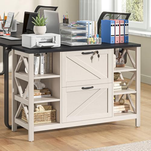 Halitaa 44" Lateral File Cabinet with Adjustable Shelves, Farmhouse 2 Drawer Filing Cabinet with Lock for Legal/A4/Letter, Wooden Printer Stand Office Furniture for Home Office, White and Black