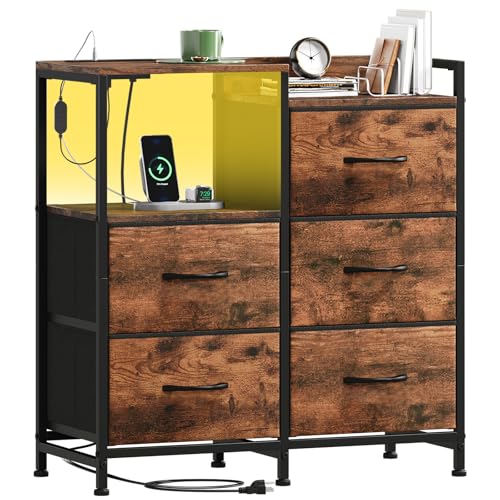 Somdot Wide Bedroom Nightstand with 5 Drawers, Charging Station & LED Light | Open-Shelf Dresser with Fabric Bins for Kids Room, Closet, Dorm and Guest Room, Brown - color: Brown, size: 11.4"D x 26.2"W x 27.8"H (5 Drawers)