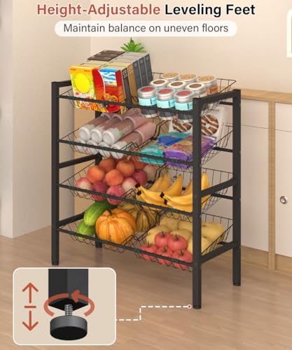 4-Tier Fruit and Vegetable Storage Rack with 8 Removable Baskets, Small Kitchen Island, Pantry Floor Organizer Stand Shelves for Snack Onion Potato Storage, Black - style: 8 Baskets-Black