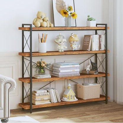 HCHQHS Large Bookshelf, 4-Tier Long Industrial Bookcase, Rustic Brown Book Shelf, Freestanding Horizontal Bookshelves with Metal Frame - color: Rustic Brown, size: 4-Tier (56.7"W x 54.2"H)