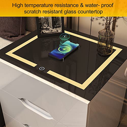 kepptory White Smart Nightstand with Wireless Charging Station & Adjustable LED Lights, High Gloss End Table with 3 Drawers & USB Charging, Bedside Table Organizer for Bedroom Use - color: White