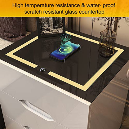 kepptory White Smart Nightstand with Wireless Charging Station & Adjustable LED Lights, High Gloss End Table with 3 Drawers & USB Charging, Bedside Table Organizer for Bedroom Use - color: White