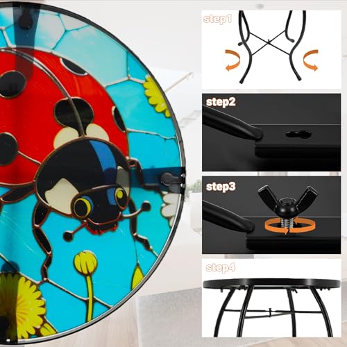 Small Side Table with Metal Frame, 10.5" Round Side Tables with Seven-Spotted Ladybug Pattern,Outdoor Table for Balcony,Terrace,Garden,Living Room - color: Seven-spotted Ladybug