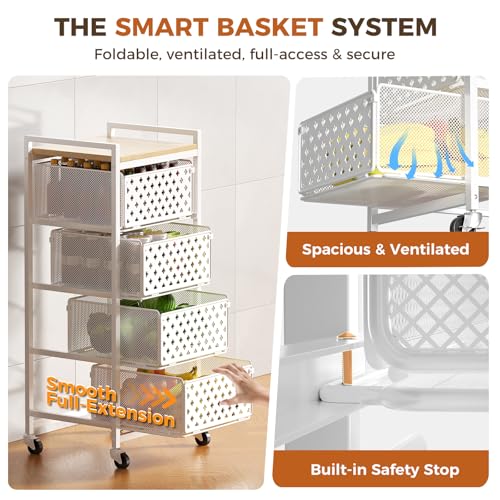5 Tier Kitchen Storage Cart with Wheels, Utility Fruit Vegetable Storage Rack Stand with Pull-Out Baskets & Wood Top, Metal 4-Drawers Rolling Snack Cart, Kitchen Cart for Potato Onion(White) - color: White
