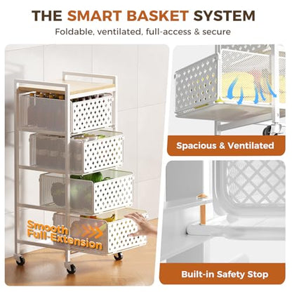 5 Tier Kitchen Storage Cart with Wheels, Utility Fruit Vegetable Storage Rack Stand with Pull-Out Baskets & Wood Top, Metal 4-Drawers Rolling Snack Cart, Kitchen Cart for Potato Onion(White) - color: White
