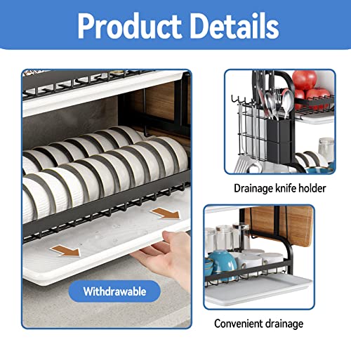 Goldmeet 3 Tier Dish Drying Rack, Large Stainless Steel Over The Sink Dish with Drain Tray, Kitchen Dishes Drying Racks, Dish Racks for Kitchen Counter Storage (Black)