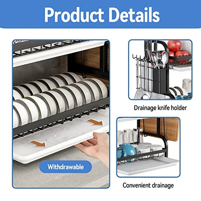 Goldmeet 3 Tier Dish Drying Rack, Large Stainless Steel Over The Sink Dish with Drain Tray, Kitchen Dishes Drying Racks, Dish Racks for Kitchen Counter Storage (Black)