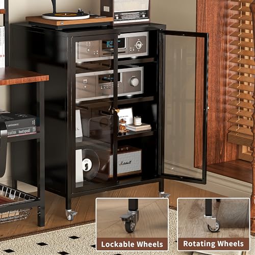 Heavy Duty 4-Tier Media Cabinet, Audio-Video Media Stand with Tempered Glass Doors, Metal Stereo Cabinets with 3 Adjustable Shelves, Storage Cabinet for Entertainment Stereo Component