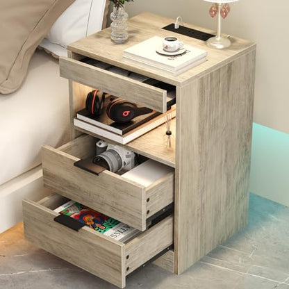 Gadroad LED Nightstand with Charging Station, Bedside Table with USB Ports & Power Outlets, Modern Night Stand with Drawers for Bedroom Small Spaces, Grey - color: Grey