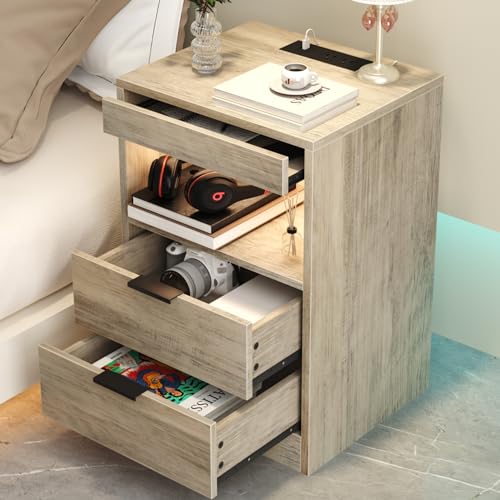 Gadroad LED Nightstand with Charging Station, Bedside Table with USB Ports & Power Outlets, Modern Night Stand with Drawers for Bedroom Small Spaces, Grey - color: Grey