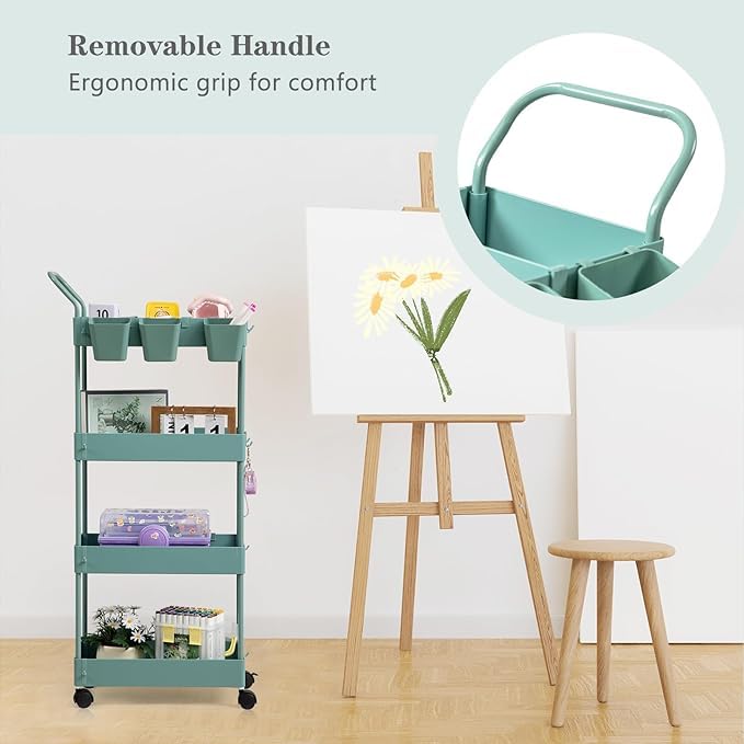 danpinera Slim Storage Cart on Wheels, 4 Tier Narrow Laundry Cart with Hooks Hanging Cups Dividers Mobile Rolling Lash Cart with Handle for Bathroom Small Spaces, Green - style: 4 Tier Green