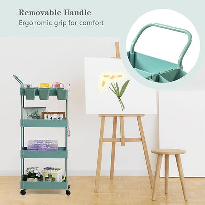 danpinera Slim Storage Cart on Wheels, 4 Tier Narrow Laundry Cart with Hooks Hanging Cups Dividers Mobile Rolling Lash Cart with Handle for Bathroom Small Spaces, Green - style: 4 Tier Green