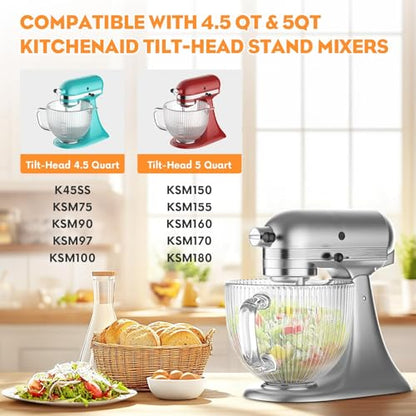 Cofun Glass Mixer Bowl for Kitchenaid Tilt-Head Stand Mixers 4.5-5 Quart | 5 Qt Mixing Bowl Replacement for KitchenAid with Measurement Markings, Handle - color: Glass