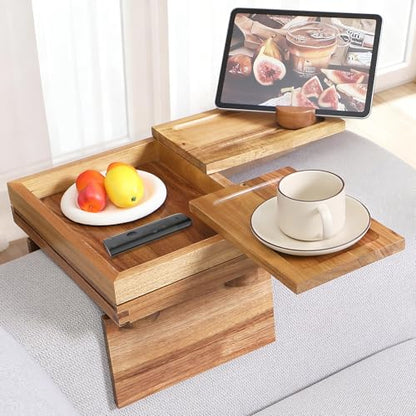 Acacia Wood Couch Arm Tray, 13.4 x 10.3 x 9.5 inches | Sofa Armrest Table, 2 Rotating Trays, 1 Storage Box, 360° Rotating Phone Holder, 4-in-1 TV Tray Table