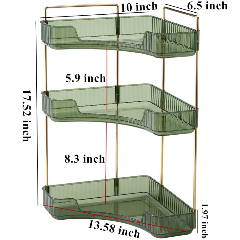 CESTATIVO Corner Bathroom Counter Organizer, Vanity Trays, Skincare Makeup Organizer, Bathroom Counter Shelf (3 Tiers, Green)