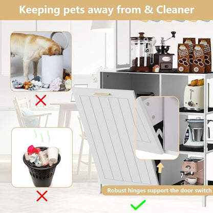 Kitchen Bakers Rack with Storage Shelf - 6-Tier Microwave Stand Oven Cabinet W/Tilting Trash Can Bin and Power Outlet, Farmhouse Thickened Coffee Bar Table Station W/6 Hooks&Adjustable feet - color: White