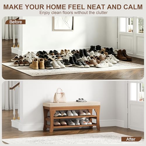 PETKABOO 27.6" Shoe Storage Bench with Cushion, Bamboo Shoe Rack Bench, 2-Tier Entryway Shoe Organizer, Supports up to 350 LB, for Hallway, Bedroom, Closet, Living Room - size: 27.6"
