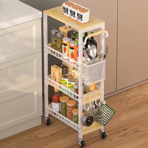 DTUQYX Slim Rolling Storage Cart, 4 Tier Small Organizer Cart with Wheels, Metal Utility Shelf Kitchen Bathroom Laundry Room Organization Trolley with Handle for Narrow Space (9.1" Overall Width) - color: Gloss White, size: 7.88"W Wooden Wire Basket