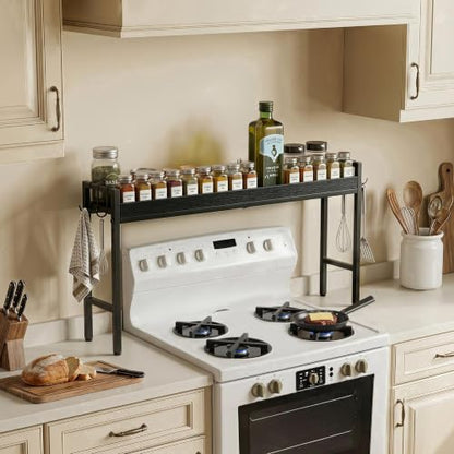 31 Inch Over the Stove Spice Rack, Adjustable 3-Tier Stove Top Shelf Equipped with 6 Utility Hooks to Organize Spices & Kitchen Gadgets (Black) - color: Black